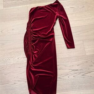 Red Velvet One-Shoulder Ruched Midi Dress